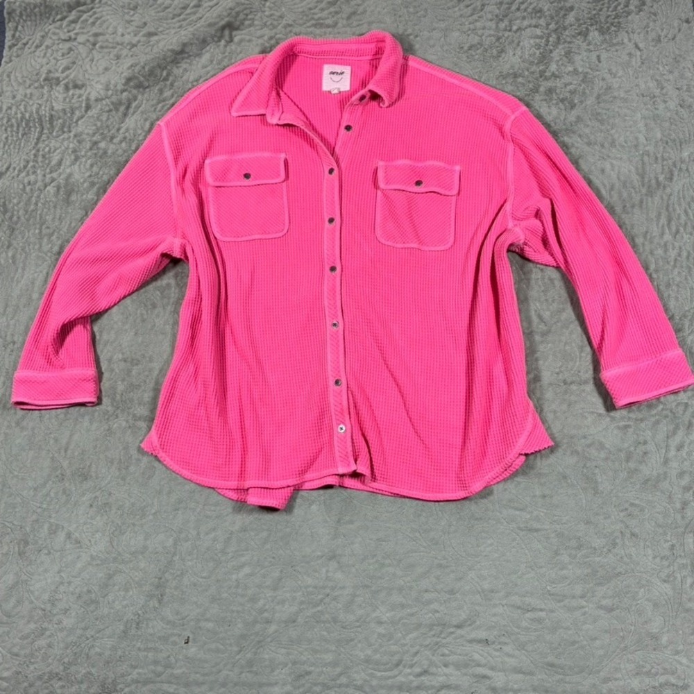 Aerie Lumber Jane Waffle Knit Button Down Shirt Size XL Pink Oversized